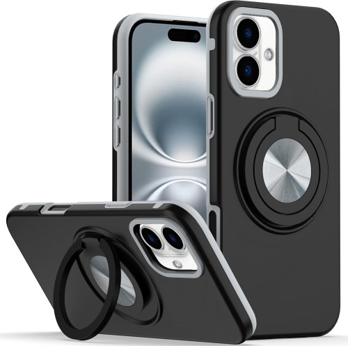 Circular Series Hybrid Case with Rotating Ring Stand for iPhone 16 - Black