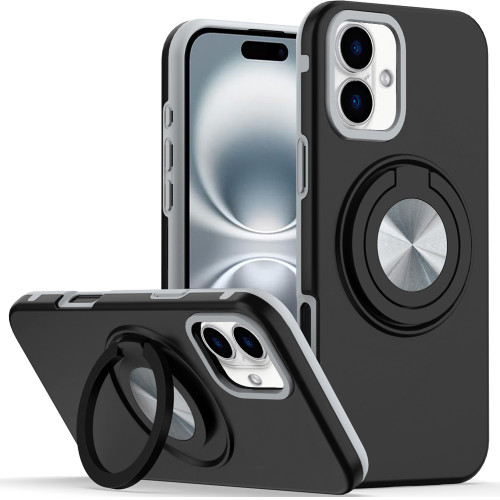 Circular Series Hybrid Case with Rotating Ring Stand for iPhone 16 Plus - Black