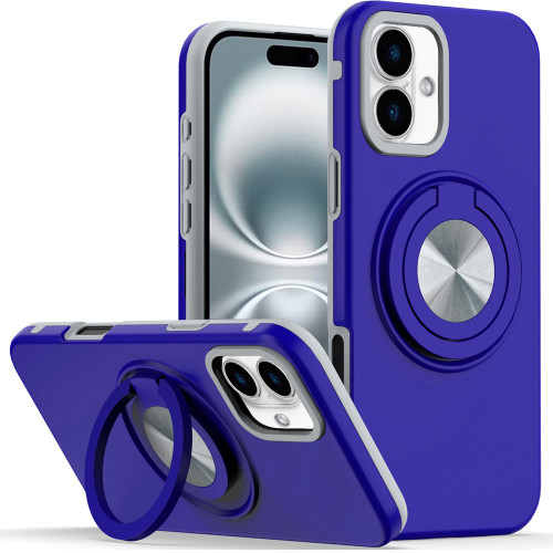 Circular Series Hybrid Case with Rotating Ring Stand for iPhone 16 Plus - Blue