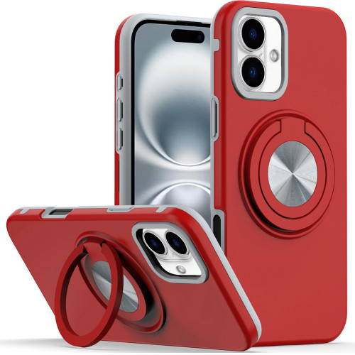 Circular Series Hybrid Case with Rotating Ring Stand for iPhone 16 Plus - Red