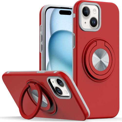 Circular Series Hybrid Case with Rotating Ring Stand for iPhone 15 - Red