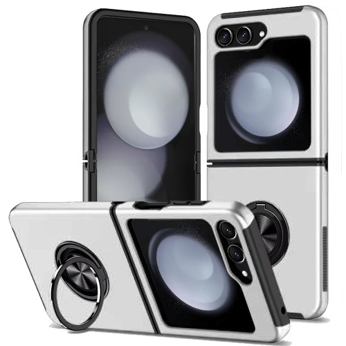 360 Rotating Ring Grip Hybrid Case for Samsung Galaxy Z Flip 6 - Silver