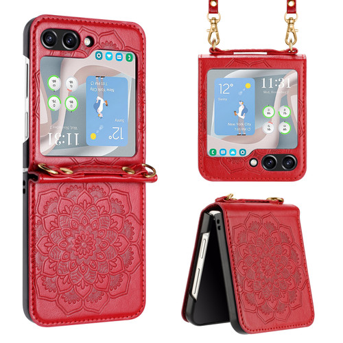 Mandala Flower Leather Protective Cover with Strap for Samsung Galaxy Z Flip 6 - Red