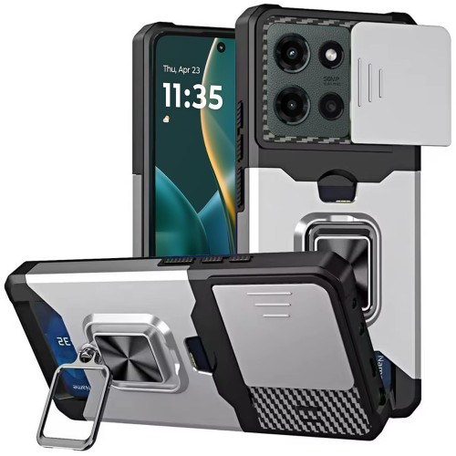 Military Grade All-In-One Ring Stand Card Case for Motorola Moto G Stylus 2025 - Silver