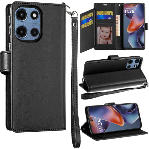 Extra Series Essential Leather Wallet Stand Case for Motorola Moto G 2025 - Black