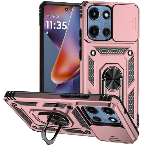 Military Grade Hybrid Case with Ring Grip and Camera Lens Protector for Motorola Moto G 2025 - Rose Gold