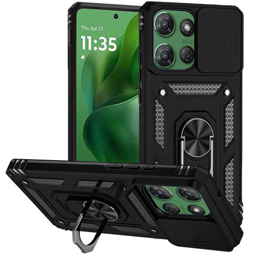 Military Grade Hybrid Case with Ring Grip and Camera Lens Protector for Motorola Moto G Power 2025 - Black