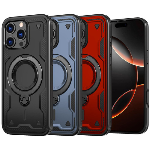 VALUE 3 PACK Military Grade MagSafe Hybrid Case with Kickstand Ring Holder for iPhone 16 Pro Max - Black Blue Red