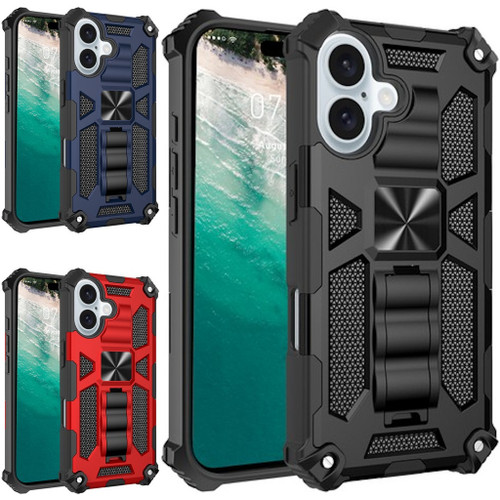 VALUE 3-PACK Military Grade Tough Ultra Rugged Hybrid Case with Kickstand for iPhone 16 - Black Blue Red
