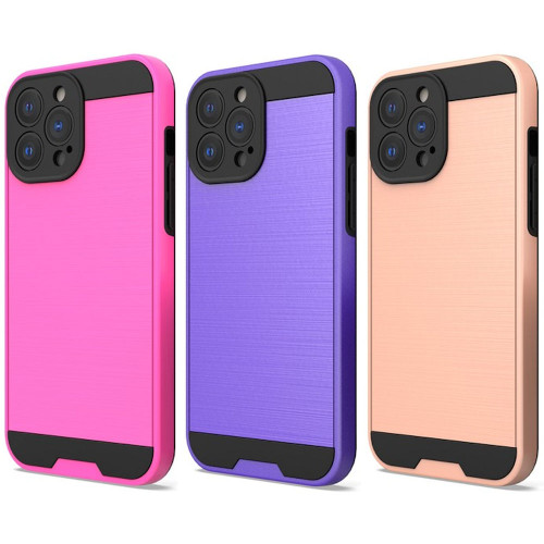 VALUE 3-PACK Brushed Metal Textured Hybrid Armor Case for iPhone 15 Pro - Hot Pink Purple Rose Gold