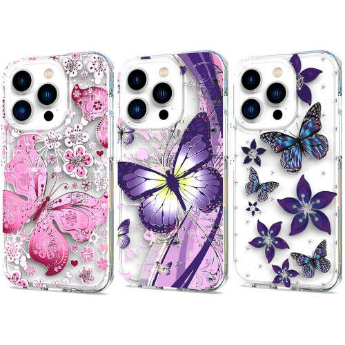 VALUE 3-PACK Butterfly Series Dual Layer Transparent Hybrid Case for iPhone 15 Pro