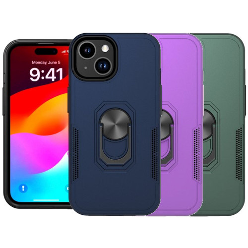 VALUE 3-PACK TUFF Hybrid Case with Ring Grip for iPhone 15 - Green Navy Blue Purple