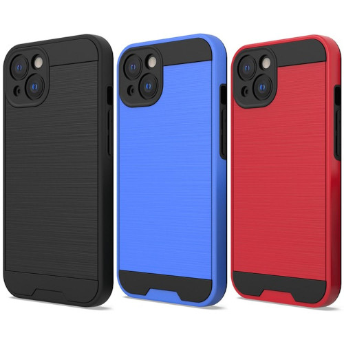 VALUE 3-PACK Brushed Metal Textured Hybrid Armor Case for iPhone 15 - Black Blue Red