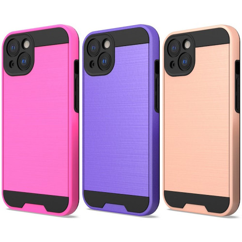 VALUE 3-PACK Brushed Metal Textured Hybrid Armor Case for iPhone 15 Plus - Hot Pink Purple Rose Gold