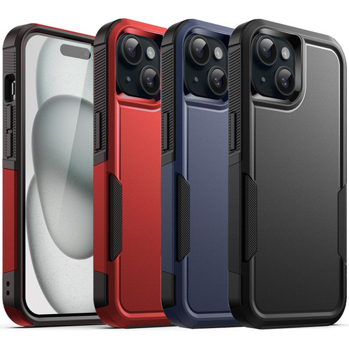 VALUE 3-PACK Military Grade TUFF Hybrid Armor Case for iPhone 15 - Black Blue Red