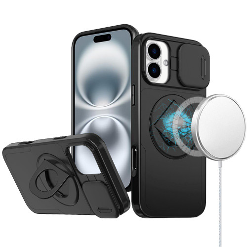 Military Grade MagSafe Case with Ring Holder Kickstand and Privacy Camera Lens Cover for iPhone 16 - Black