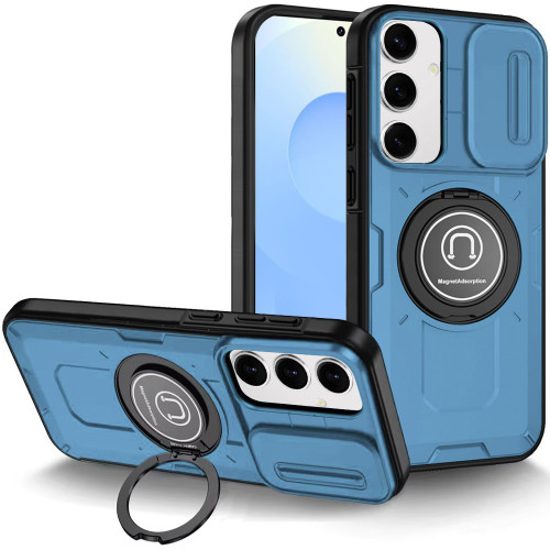 Optics Armor Hybrid Case with Rotating Ring Stand and Privacy Camera Lens Cover for Samsung Galaxy S25 - Light Blue