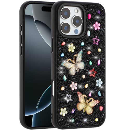 Butterfly Ornaments Diamond Hybrid Case for iPhone 16 Pro Max - Black