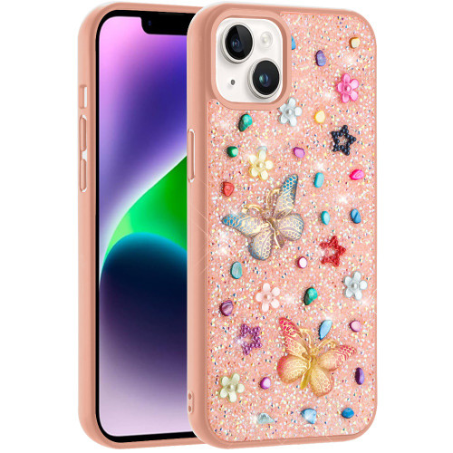 Butterfly Ornaments Diamond Hybrid Case for iPhone 14 / iPhone 13 - Pink