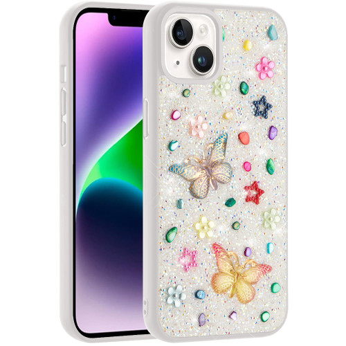 Butterfly Ornaments Diamond Hybrid Case for iPhone 14 / iPhone 13 - White