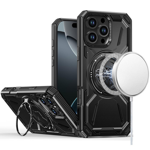 Military Grade MagSafe Hybrid Armor Case with Rotating Kickstand for iPhone 16 Pro Max - Black