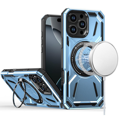 Military Grade MagSafe Hybrid Armor Case with Rotating Kickstand for iPhone 16 Pro - Blue