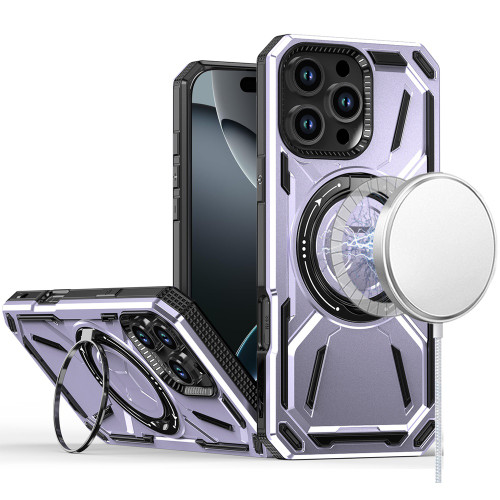 Military Grade MagSafe Hybrid Armor Case with Rotating Kickstand for iPhone 16 Pro - Purple