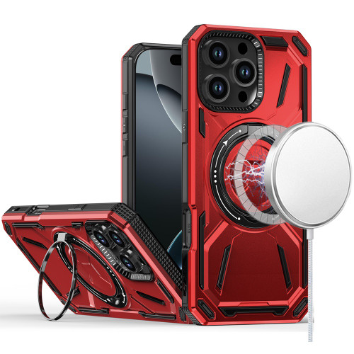 Military Grade MagSafe Hybrid Armor Case with Rotating Kickstand for iPhone 16 Pro - Red