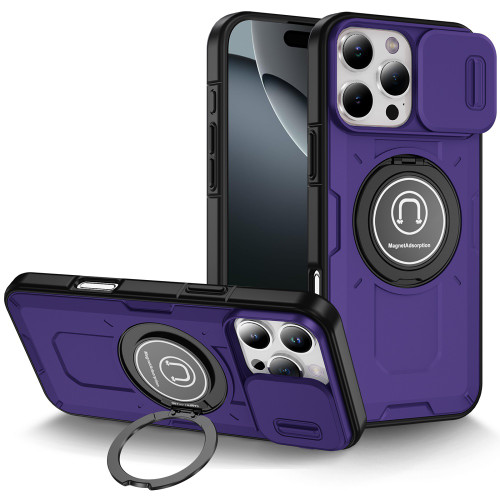 Optics Armor Hybrid Case with Rotating Ring Stand and Privacy Camera Lens Cover for iPhone 16 Pro Max - Purple