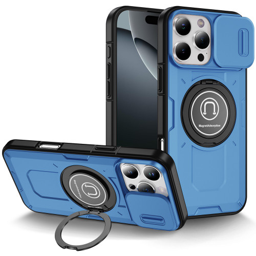 Optics Armor Hybrid Case with Rotating Ring Stand and Privacy Camera Lens Cover for iPhone 16 Pro - Light Blue
