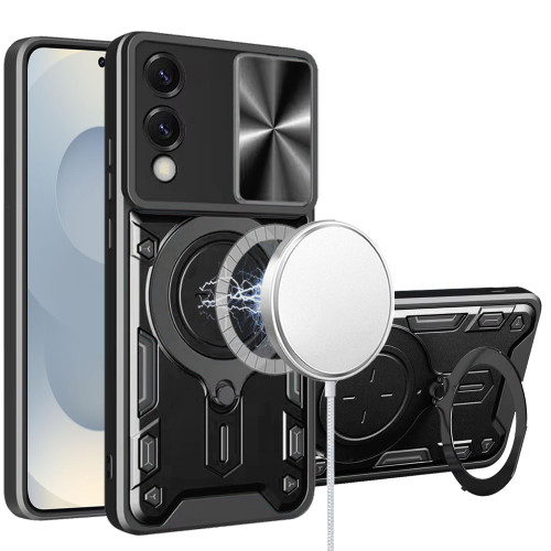 Superior Series Hybrid Case with MagSafe Magnetic Ring Stand and Camera Lens Cover for Samsung Galaxy S25 Edge - Black