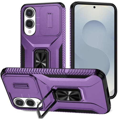 Combat Tough Series Ring Holder Case with Camera Lens Cover for Samsung Galaxy S25 Edge - Purple