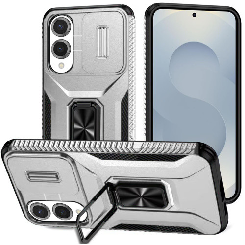 Combat Tough Series Ring Holder Case with Camera Lens Cover for Samsung Galaxy S25 Edge - Silver