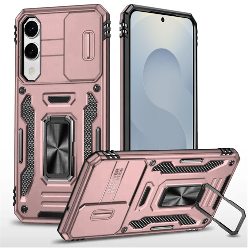 Military Grade Ring Holder Case with Camera Lens Cover for Samsung Galaxy S25 Edge - Rose Gold