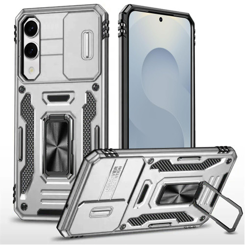 Military Grade Ring Holder Case with Camera Lens Cover for Samsung Galaxy S25 Edge - Silver