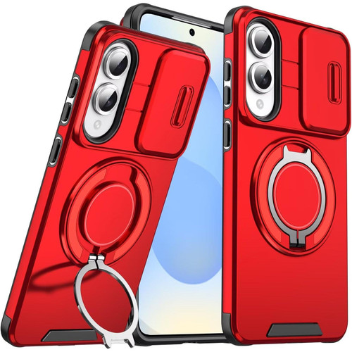 Dual Layer MagSafe Case with Rotating Stand and Privacy Camera Cover for Samsung Galaxy S25 Edge - Red