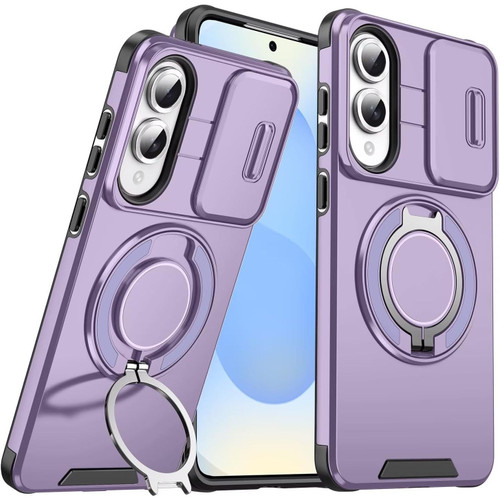 Dual Layer MagSafe Case with Rotating Stand and Privacy Camera Cover for Samsung Galaxy S25 Edge - Purple
