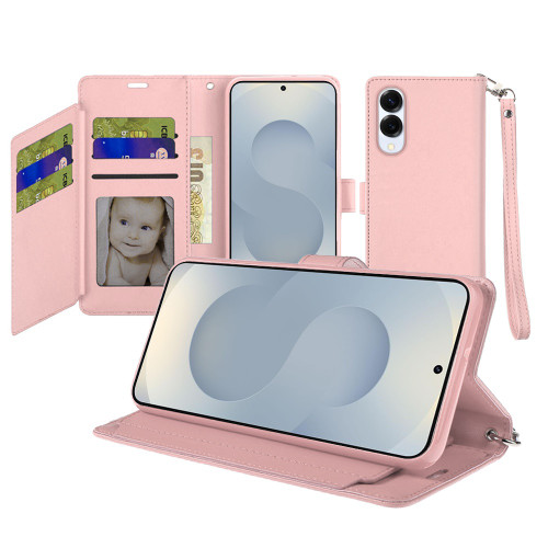 Extra Series Essential Leather Wallet Stand Case for Samsung Galaxy S25 Edge - Rose Gold