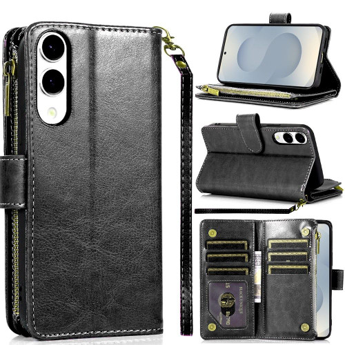 Leather Wallet Case with Zipper Pocket for Samsung Galaxy S25 Edge - Black