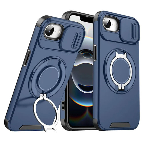 Dual Layer MagSafe Case with Rotating Stand and Privacy Camera Cover for iPhone 16e - Blue