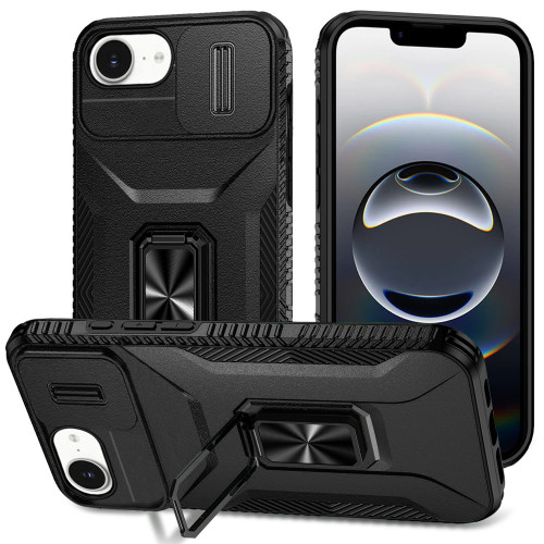 Combat Tough Series Ring Holder Case with Camera Lens Cover for iPhone 16e - Black
