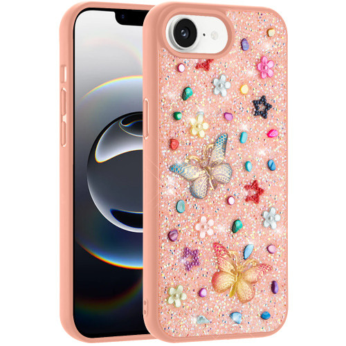 Butterfly Ornaments Diamond Hybrid Case for iPhone 16e - Pink
