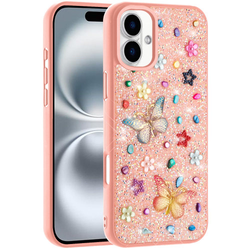 Butterfly Ornaments Diamond Hybrid Case for iPhone 16 Plus - Pink