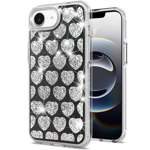 Diamond Encrusted Hybrid Case for iPhone 16e - Heart Black