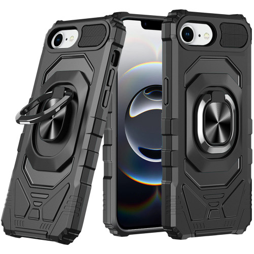Military Grade Robotic Series Hybrid Case with Ring Grip for iPhone 16e - Black