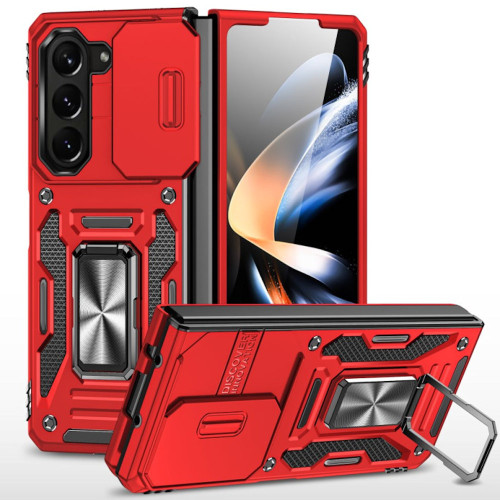 Military Grade Ring Holder Case with Camera Lens Cover for Samsung Galaxy Z Fold 7 - Red