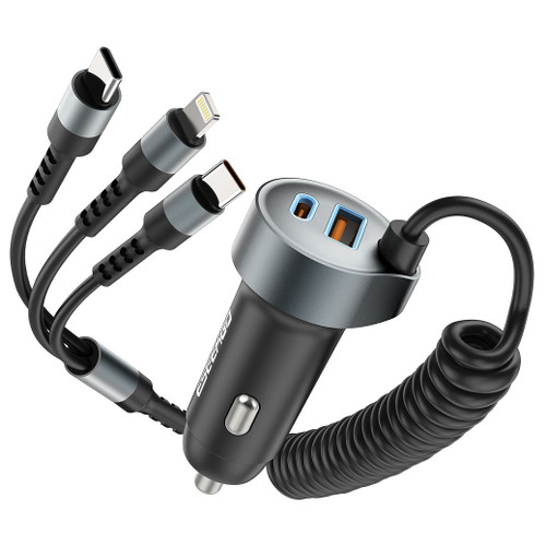 SpeedBoost 50W 5-in-1 Car Charger with Dual USB Charging Ports and Integrated USB-C / Lightning Cables