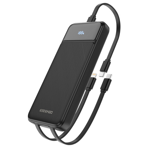 22.5W 10000mAh Power Bank Battery with Integrated USB-C and Lightning Charging Cables - Black