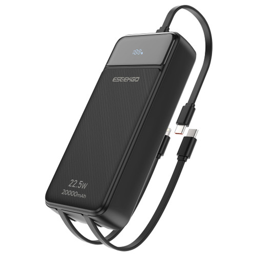 22.5W 20000mAh Power Bank Battery with Integrated USB-C and Lightning Charging Cables - Black
