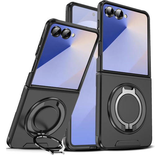 Dual Layer Magnetic Ring Case with Rotating Stand and Privacy Camera Cover for Samsung Galaxy Z Flip 7 - Black